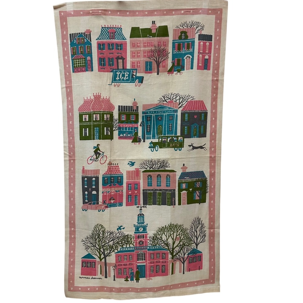Vintage Startex Norman Brenner Tea Towel Colonial Town Independence Hall 36x20